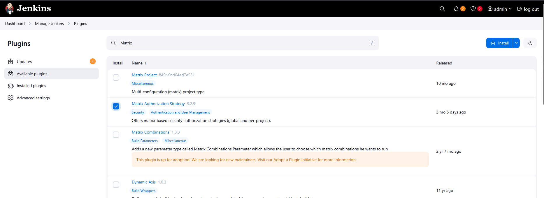 Jenkins Matrix Plugging Install